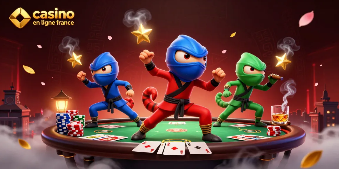 Visuel captivant sur le casino en ligne France avec une équipe de caméléons ninja et des éléments de poker