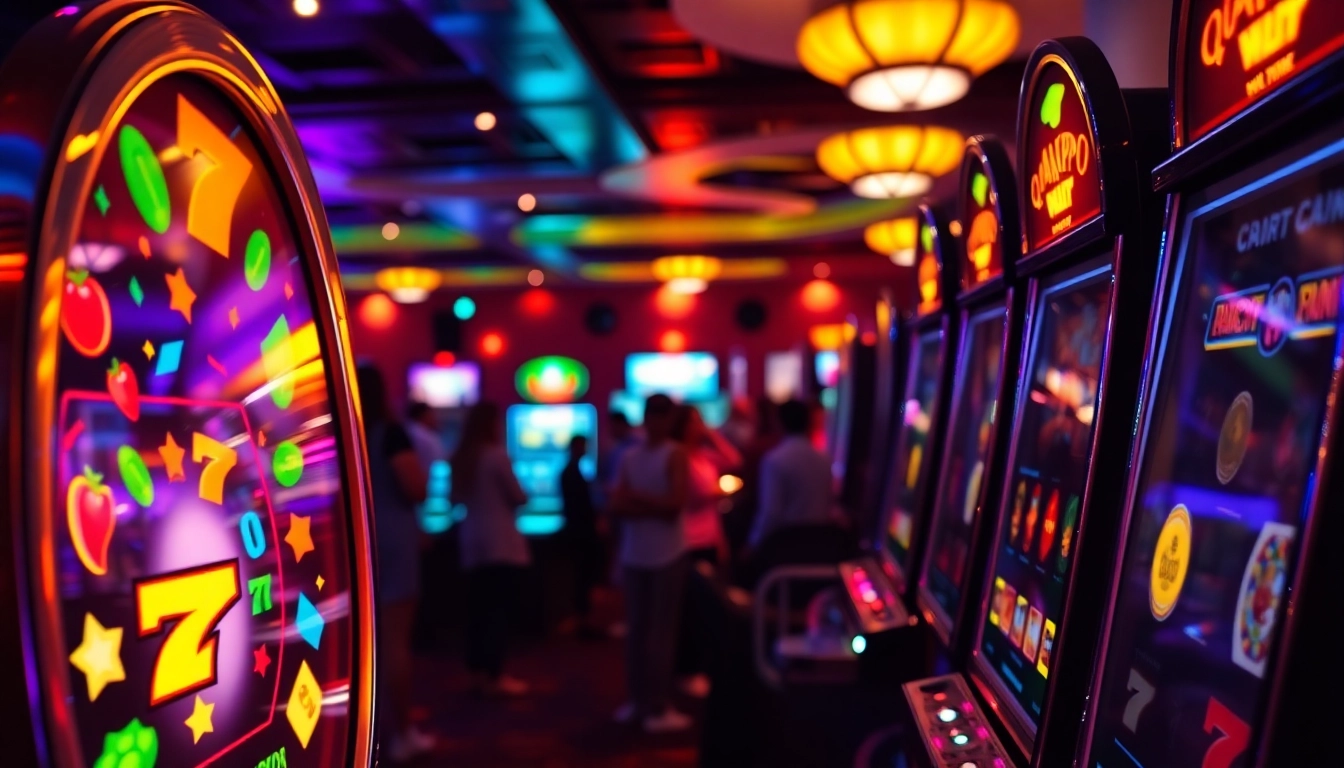 Bandar toto menampilkan mesin slot penuh warna dalam suasana kasino yang hidup.