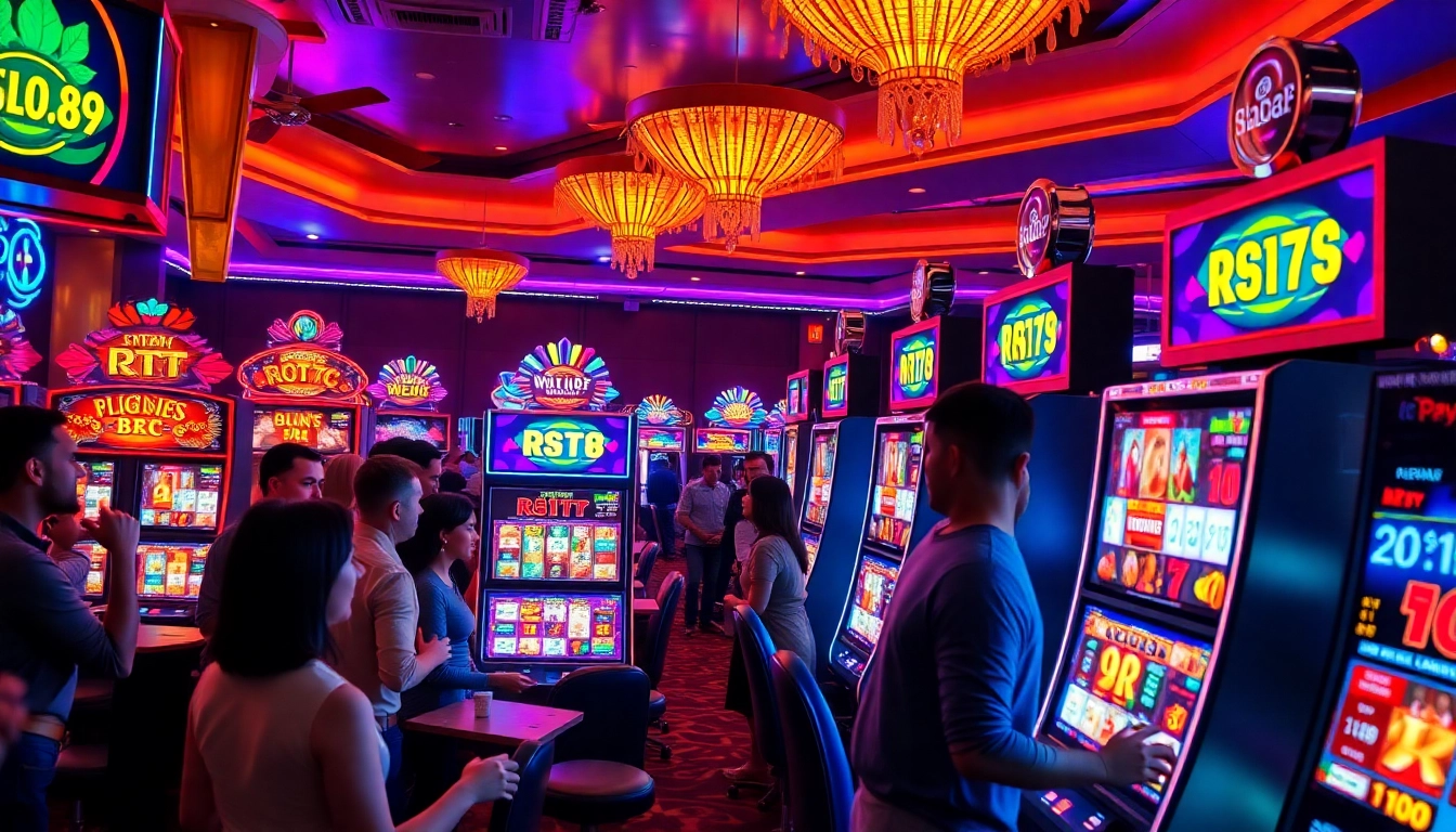 Slot88 RTP slot machines with vibrant displays in a luxurious casino setting, showcasing excitement.