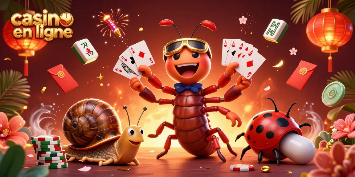 Jeux de casino en ligne: Un mille-pattes distributeur de cartes avec un escargot parieur et un insecte mystérieux.