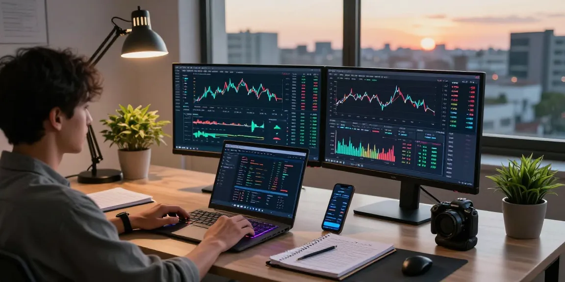 Dynamic workspace depicting a cloud mining site with active cryptocurrency trading, multiple screens showcasing crypto charts and DeFi metrics.