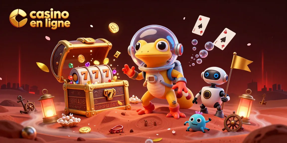 Superbes illustrations de casino en ligne avec un gecko martien et des éléments de jeu animés.