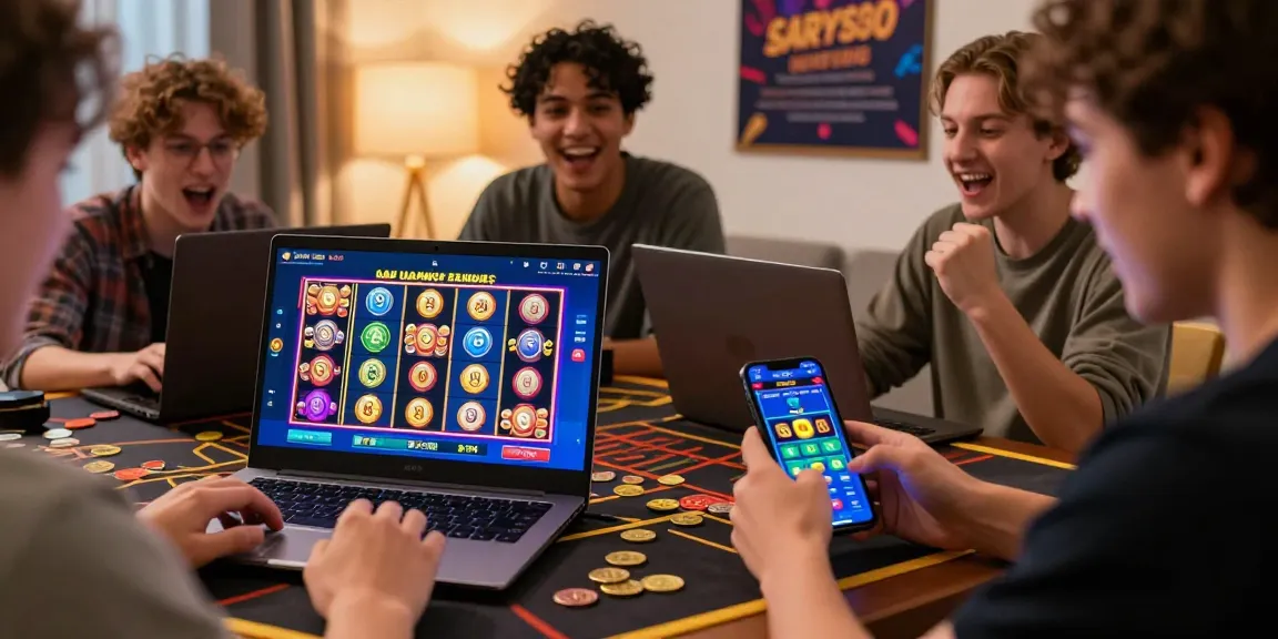 Players enjoying slot depo 1k at home with laptops and tokens.