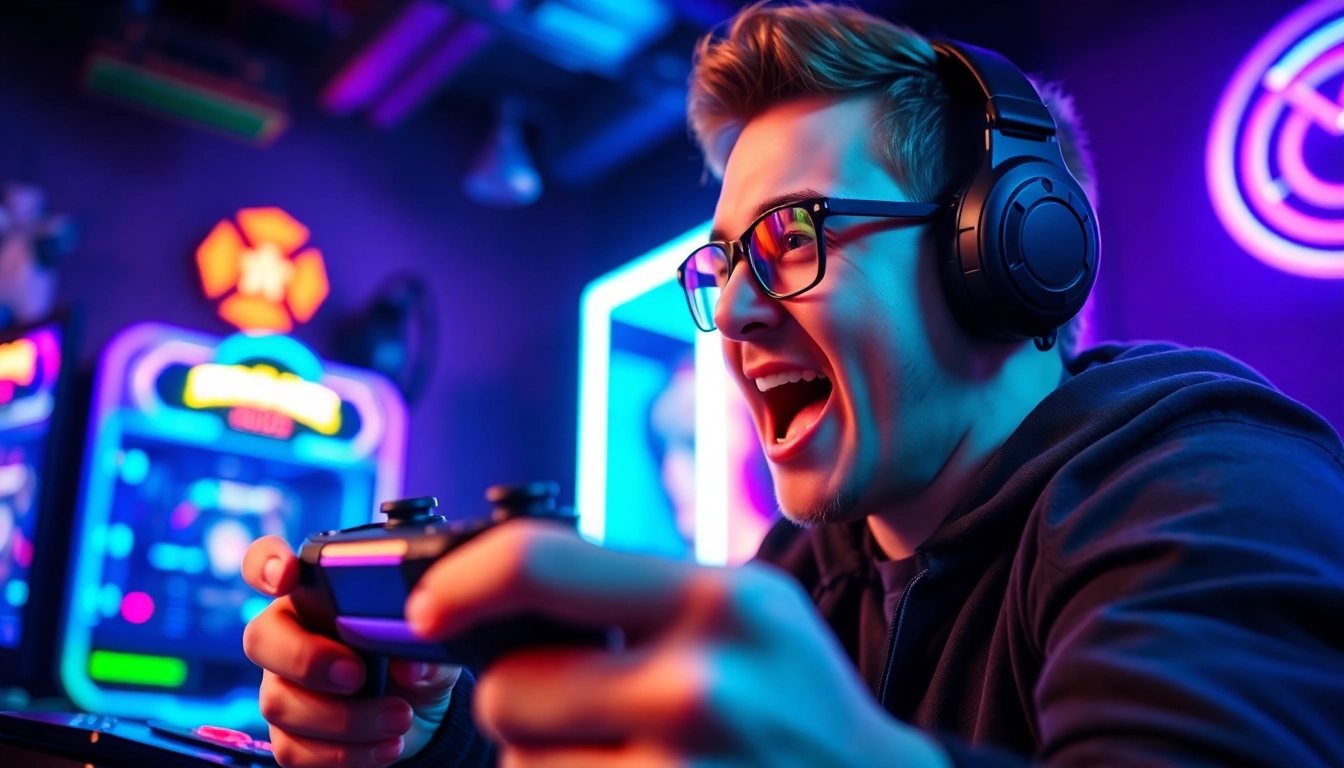 PS Plus użytkownik entuzjastycznie grający na konsoli z kolorowym zestawem gamingowym.