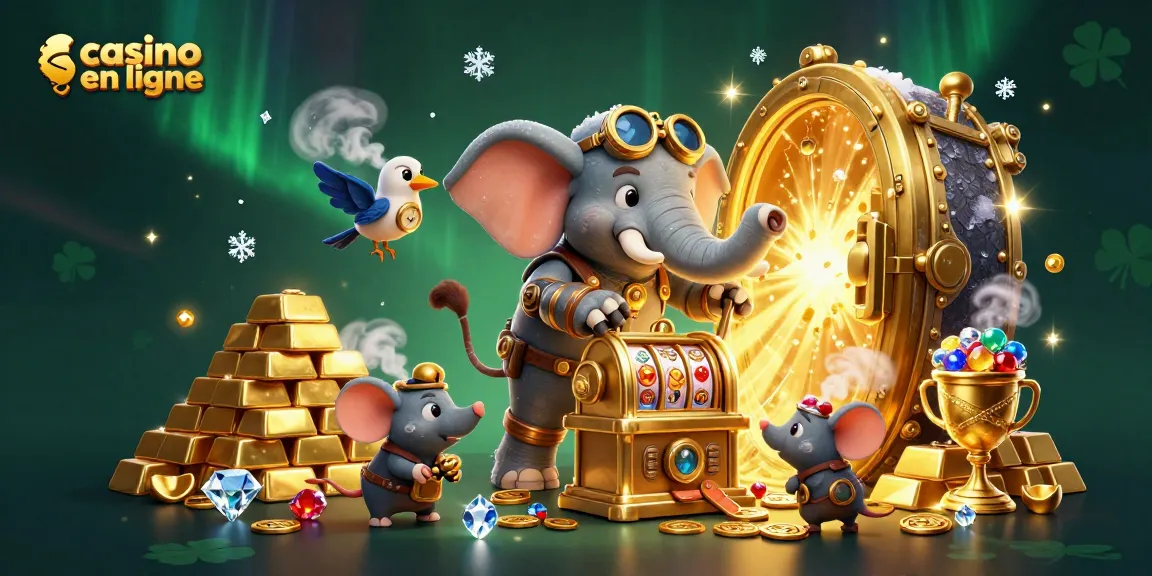 Découvrez les richesses des casinos en ligne avec cette illustration dynamique d'un éléphant steampunk jouant à une machine à sous.