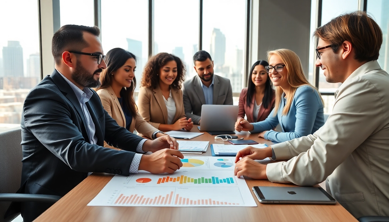Consultants discussing contracts and grants in a vibrant office environment, enhancing collaboration.