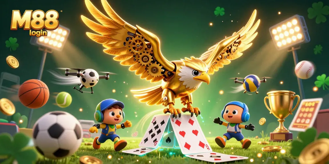 Experience M88 login with a cybernetic golden eagle soaring through holographic playing cards and sports elements.