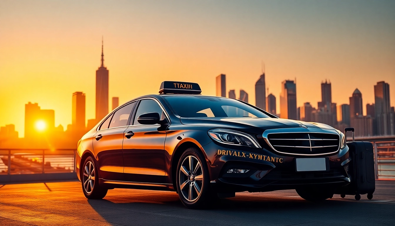 Experience seamless long distance taxi transfers with a professional taxi against a city skyline.