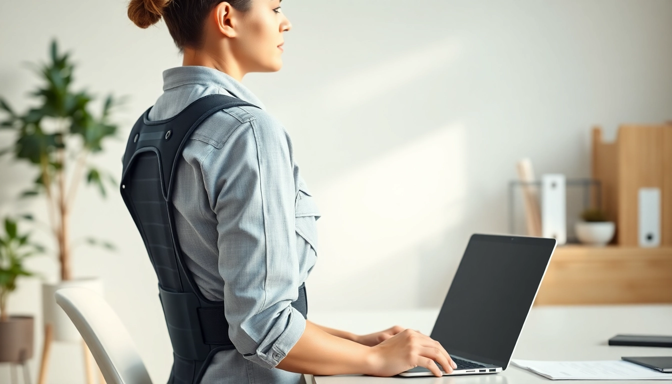 Person using a posture brace while working at a desk, promoting good posture.