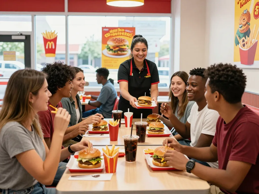 Friends enjoying fast food prices at vibrant restaurant during lunch hour