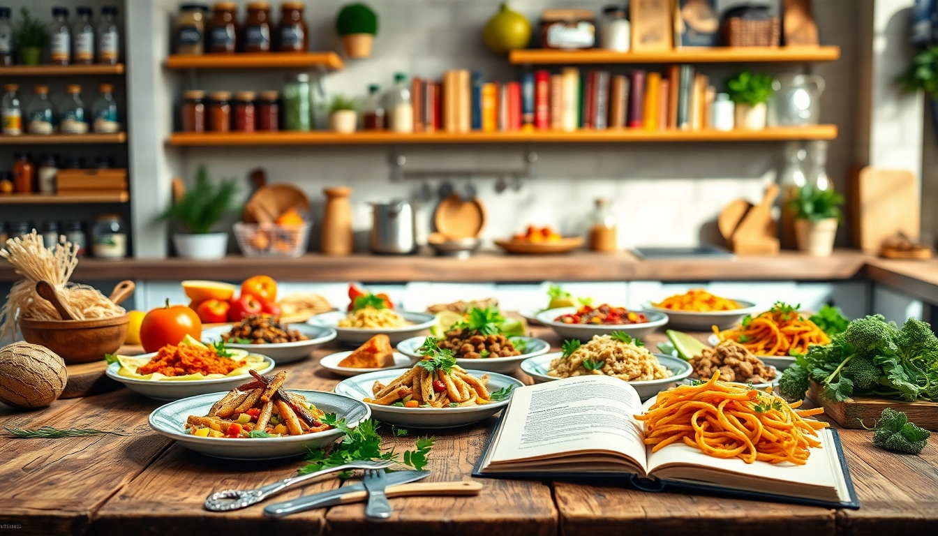 Dishfacts showcases beautifully garnished culinary creations and fresh ingredients in a vibrant kitchen scene.