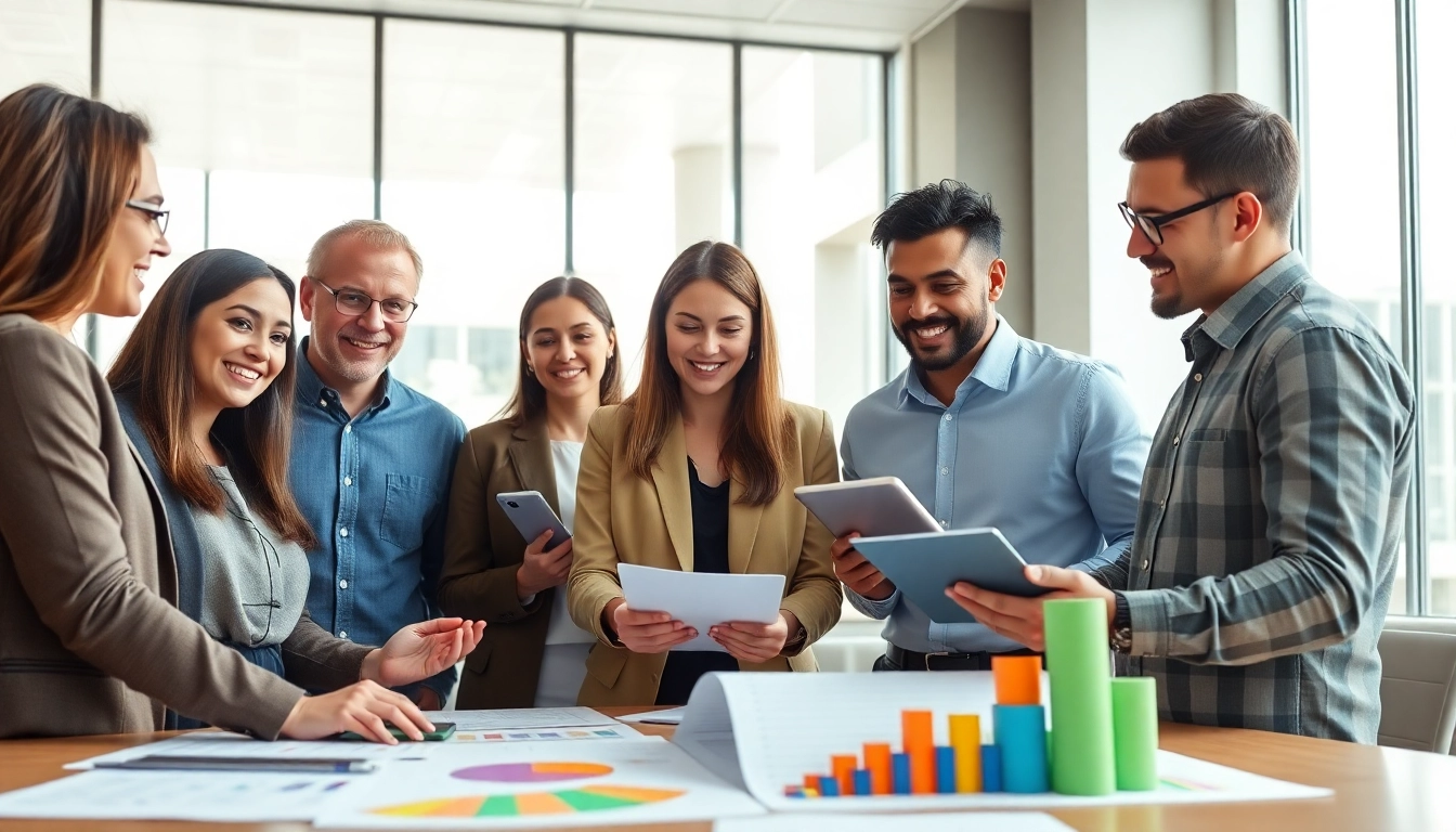 Group collaboration on a psychometric test with charts and digital tools in a bright office.