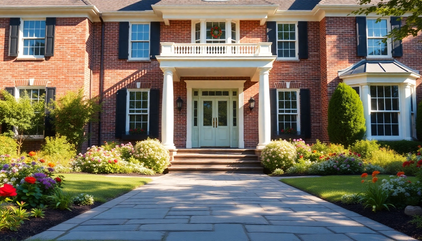 Beautiful colonial home build highlighting classic design elements in a serene garden setting.