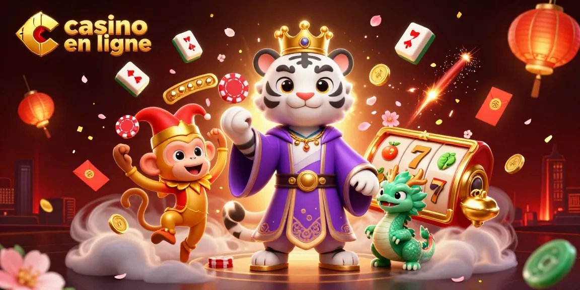 Jouer à des jeux de casino en ligne avec un tigre, un singe jonglant et un dragon de jade.