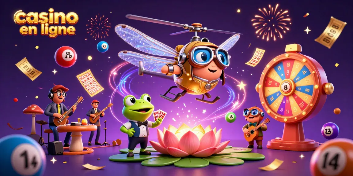 Casino en ligne : Une libellule pilote et un croupier grenouille jouant avec enthousiasme dans une scène de casino animée.