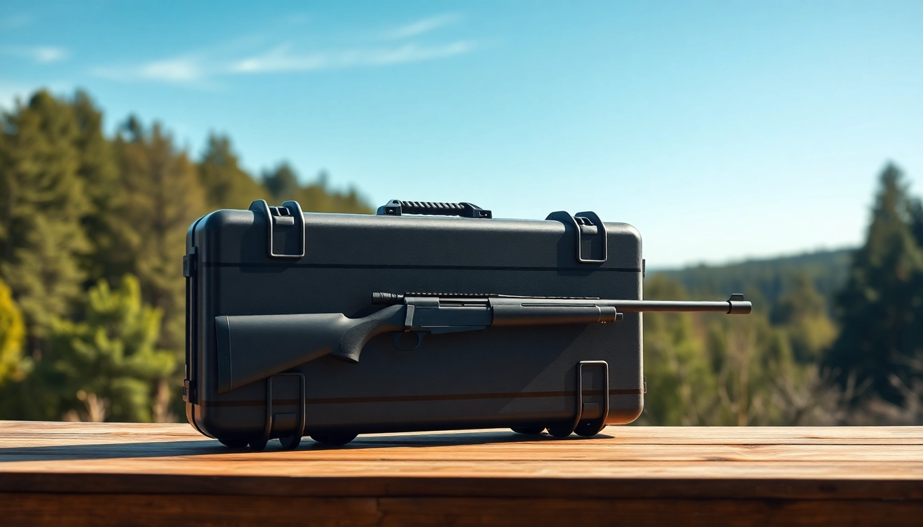 Pelican rifle case showcasing durable design in a serene outdoor setting.