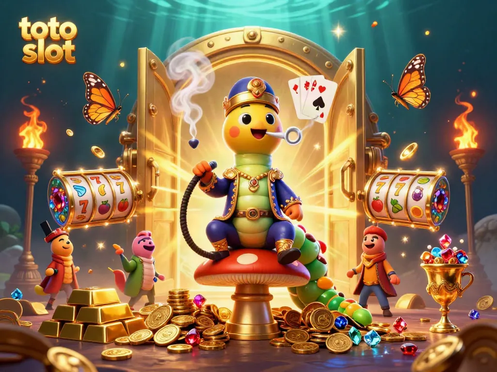 Menggoda pemain dengan simbol slot toto slot dalam ilustrasi ceria, menampilkan karakter unik dan emas yang bersinar.