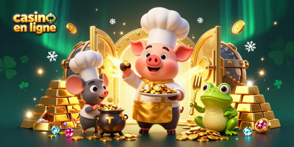 Illustration d'un chef cochon servant des pièces d'or, représentant le casino en ligne.