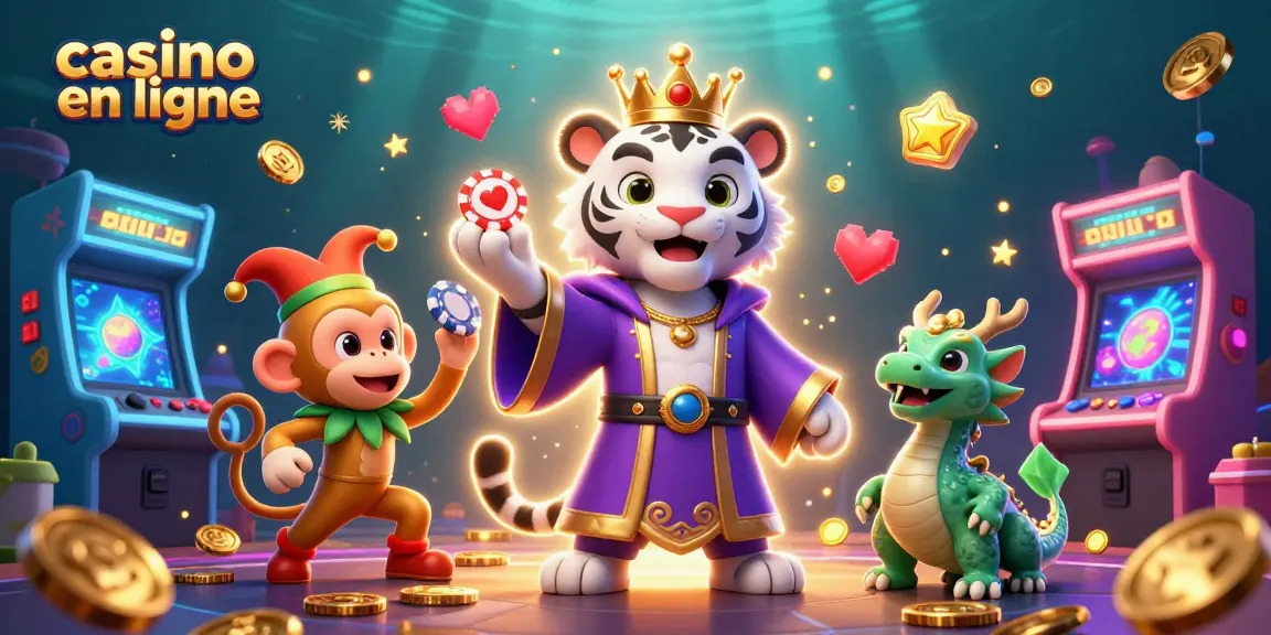 Jouez au casino en ligne avec un tigre majestueux et un singe jongleur dans une scène captivante.