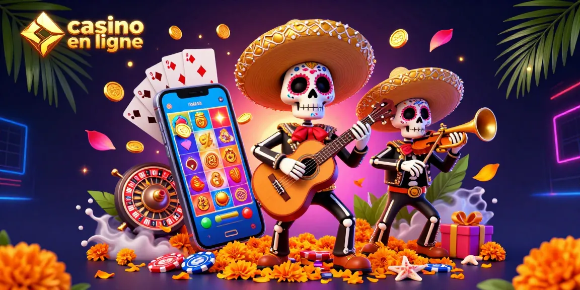 Illustration colorée mettant en avant un groupe de mariachi jouant avec des éléments de casino en ligne.