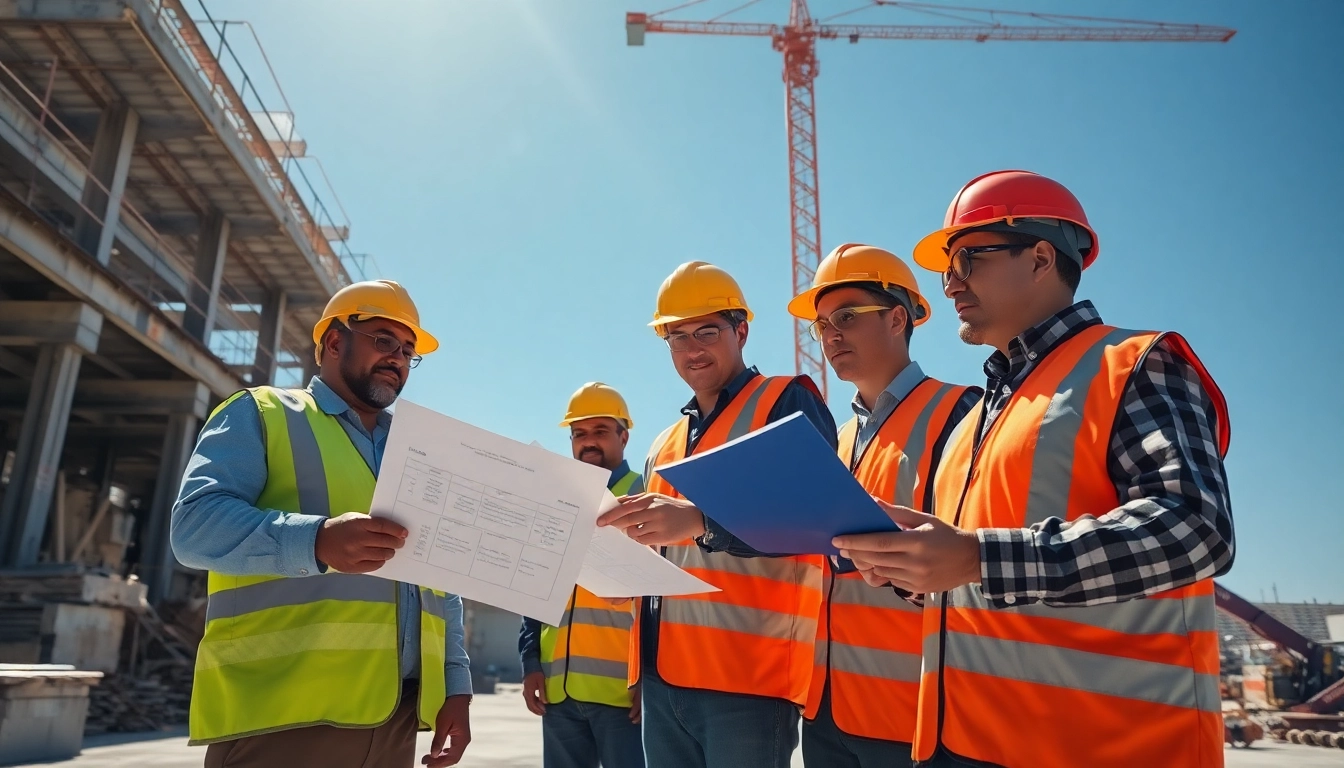 Workers focused on construction labor compliance documents at a site.