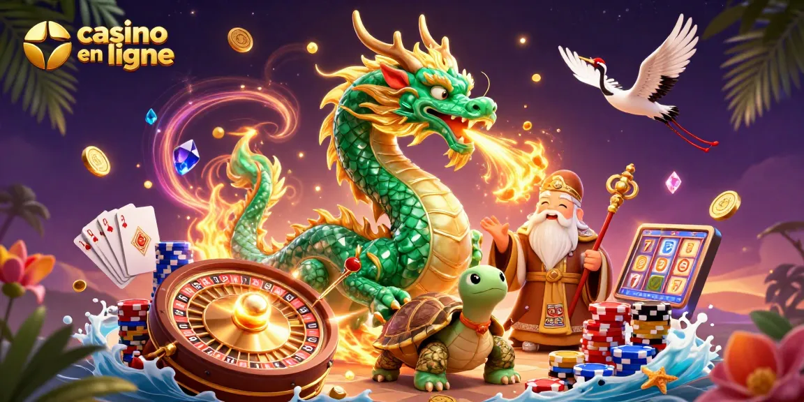 Jouer au casino en ligne avec des dragons et des motifs de chance colorés.