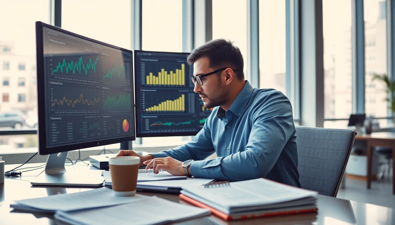Track content engagement with a focused data analyst analyzing graphs in a bright office.