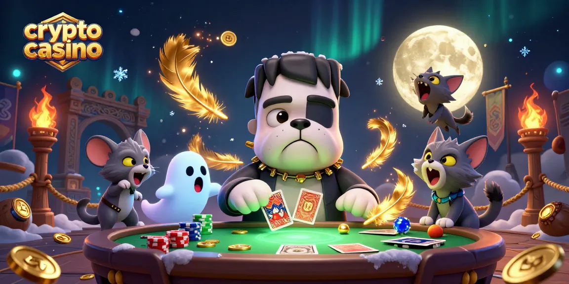 Jouer au crypto casino avec le bulldog Frankenstein, des pièces et des fantômes flottants.
