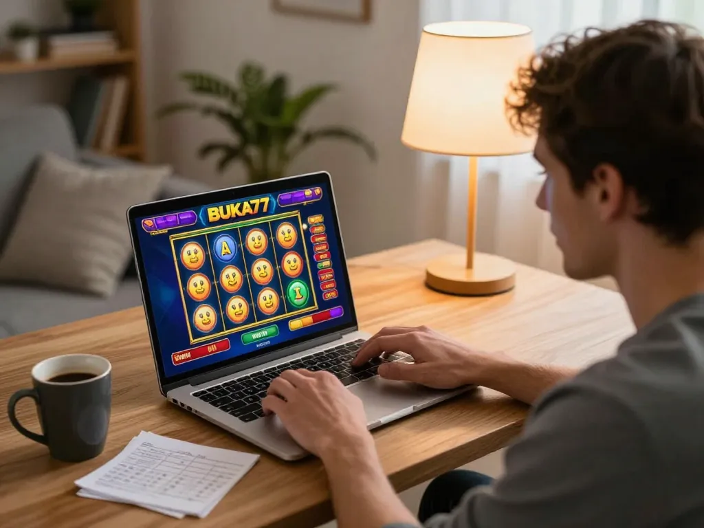 Engaging in responsible BUKA77 slot gameplay from a cozy home setup, focusing on player strategy and enjoyment