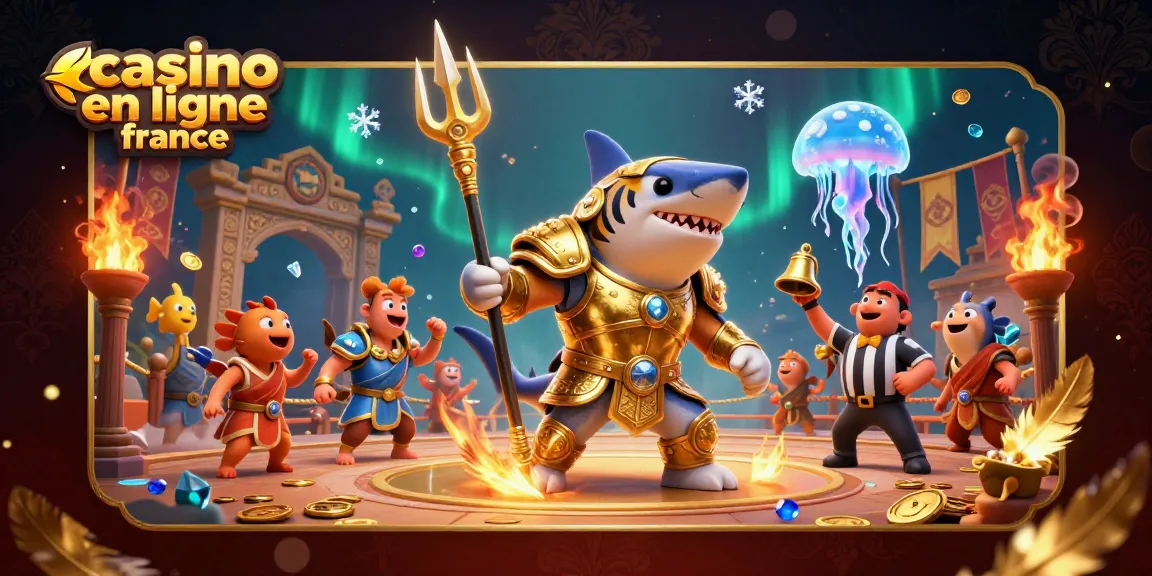 Animation d'un requin tigre en armure d'or dans un casino en ligne France sous-marin, entouré de jetons d'or.
