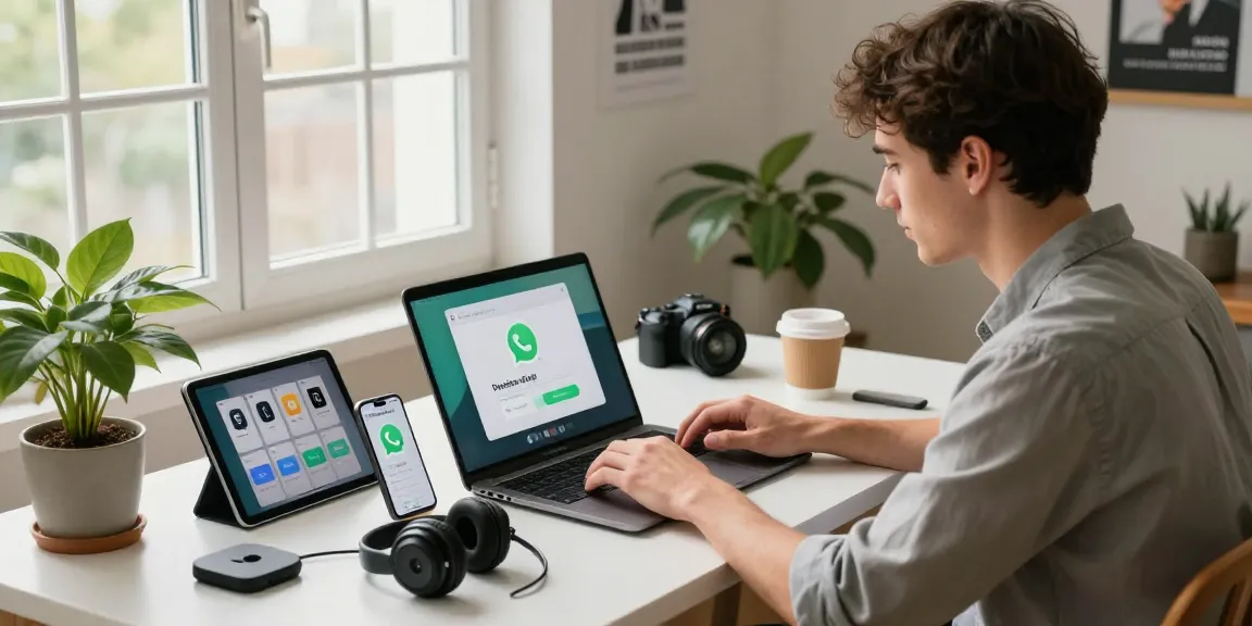 Young professional actively downloading WhatsApp下載 on a sleek laptop in a modern tech workspace