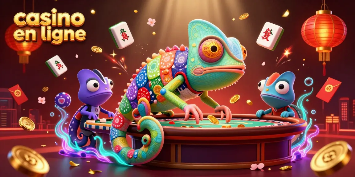 Profitez d'une scène de casino en ligne vibrante avec le propriétaire caméléon attrapant des pièces d'or.