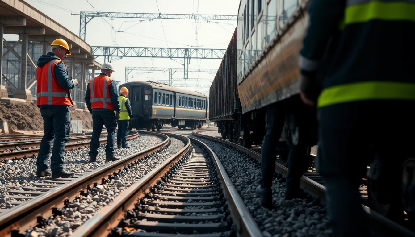 Investigating the cause of a derailment with railway inspectors analyzing track safety.