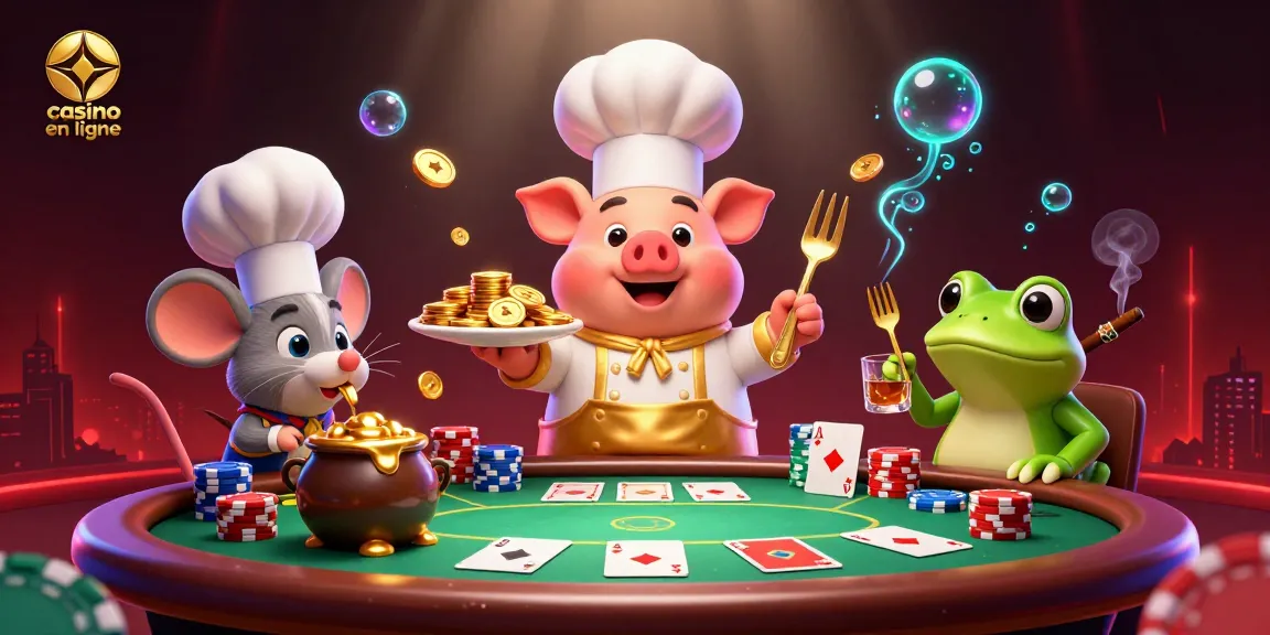 Casino en ligne avec un chef cartoon servant des pièces d'or entouré de jeux de poker colorés.