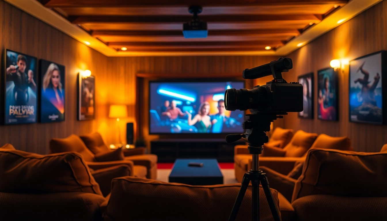 Experience หนังออนไลน์ in a cozy home theater with cinematic projector and plush seating.