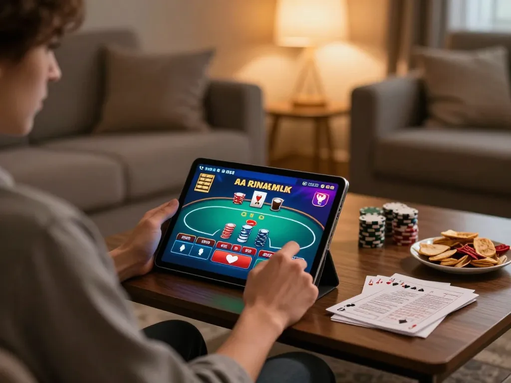Engaging in poker strategy with vipwin on a tablet in a cozy living room.