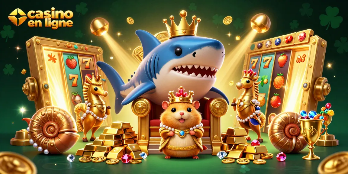 Un roi hamster doré sur un trône de dents de requin en jouant au casino en ligne avec des jackpots et des trésors