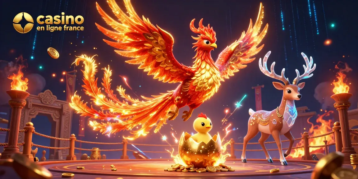 Illustration captivante du phœnix enflammé et du jeune phœnix à l'œuf, mettant en avant le casino en ligne France.