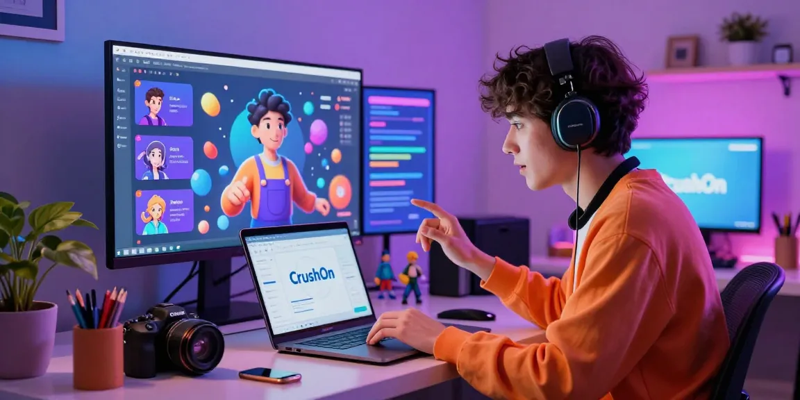 Dynamic CrushOn interaction scene with user chatting with animated AI characters in a vibrant workspace.