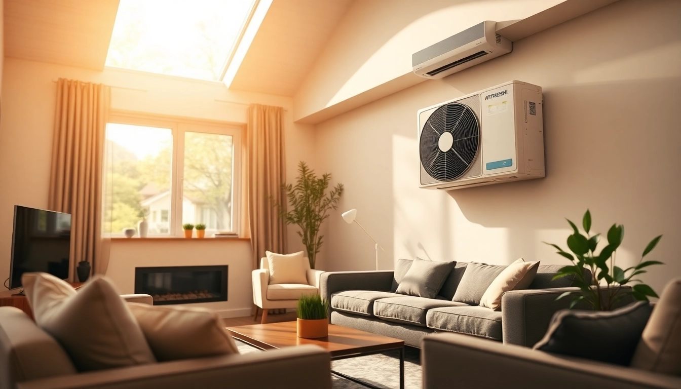 Install a Mitsubishi mini split ac system in a contemporary living room, showcasing seamless integration and comfort.