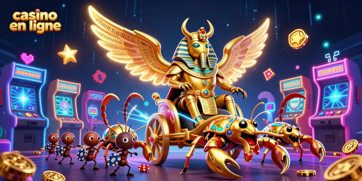 Plongez dans l'univers du casino en ligne avec ce scarabée doré et des scorpions en pleine action.