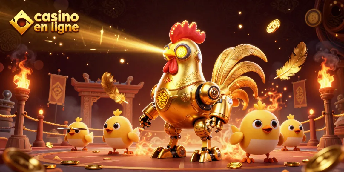 Animations captivantes de casino en ligne avec un robot coq laser et des drones poules en arrière-plan.