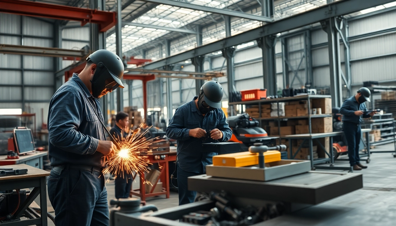Experienced steel fabricators near me work diligently in a well-equipped fabrication shop.