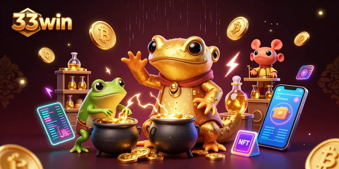 Engage with 33win's vibrant casino scene featuring alchemist characters transforming gold while surrounded by crypto elements.