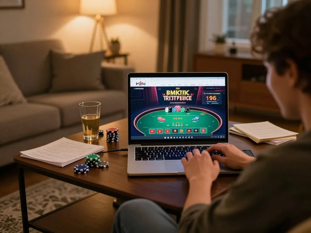 Engaged player using casino website on laptop, showcasing dynamic poker gameplay.