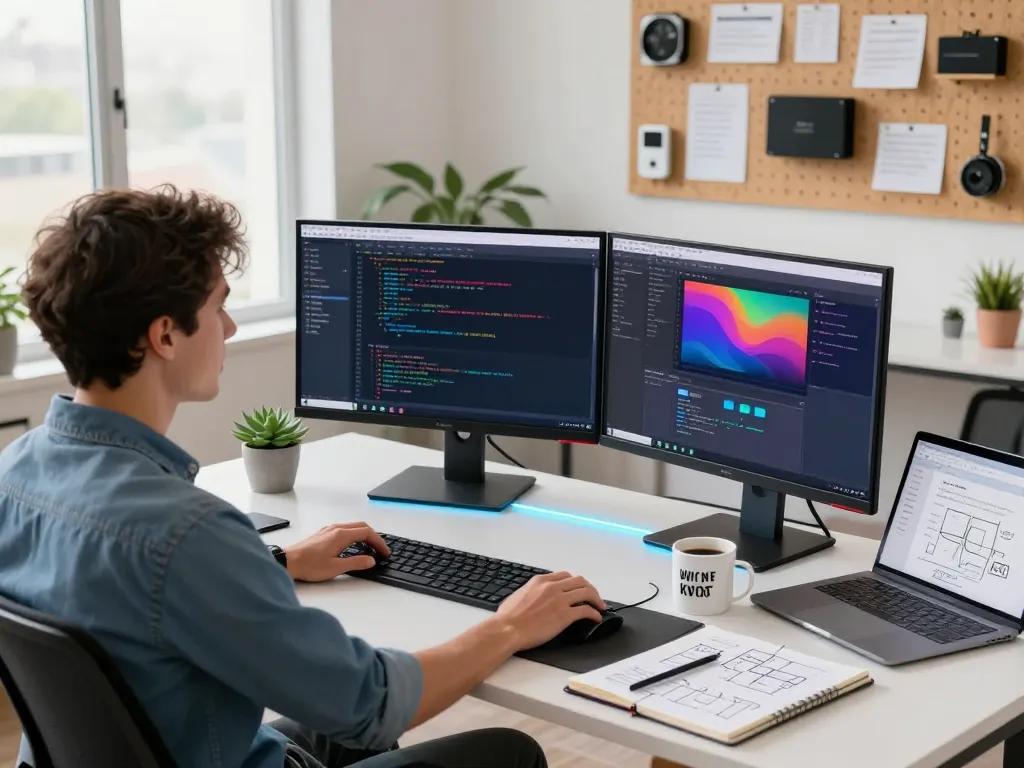 Developer using clawdbot in a modern workspace filled with high-tech monitors and coding tools.