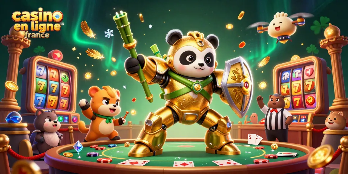 Illustration dynamique de combat au casino en ligne France avec un panda doré en armure et des éléments de jeu.