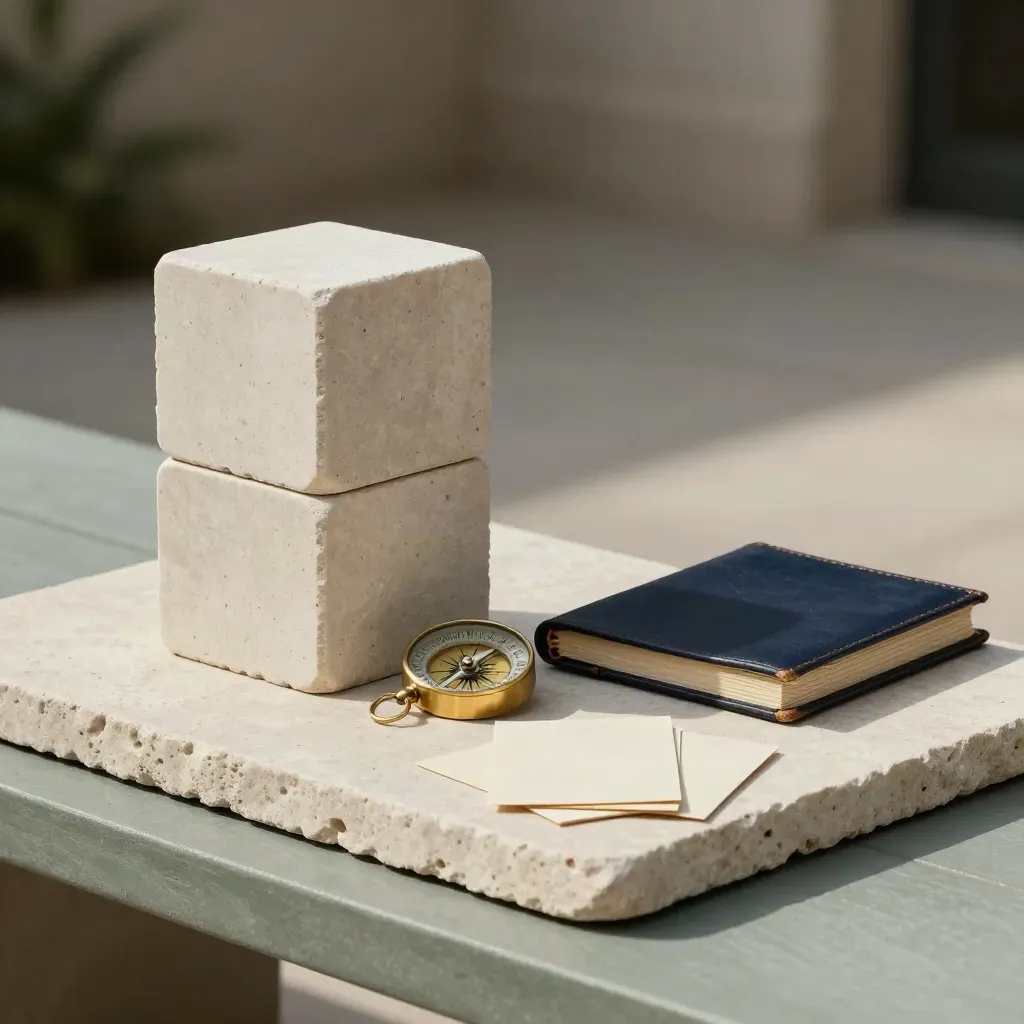 Stone strategy blocks, brass compass, navy folio and cream cards on limestone in soft studio light.