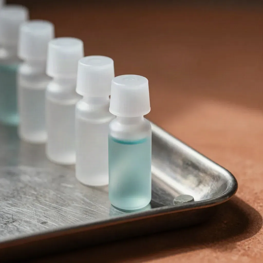 Diagonal row of frosted glass sample vials beside a steel tray on terracotta clay