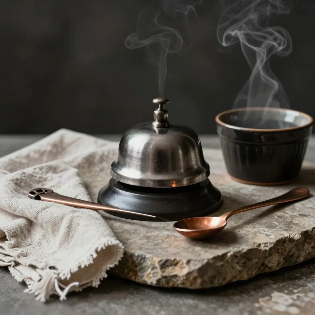 Copper spoon, service bell, linen napkin and steaming ramekin on stone in dramatic studio light.